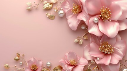 3D Pink Gold Flowers and Pearls Isolated on Pink Background with Space for Text.