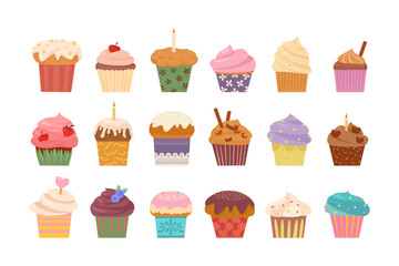 cartoon cupcakes. chocolate vanilla sugar cookies celebration attribuites, sweet yummy delicious cartoon muffins cupcakes collection. vector cartoon flat items set of isolated objects.