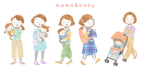 子供を抱っこ紐やベビーカーで運ぶママたちのかわいい手描きイラストセット