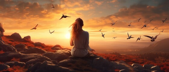 Woman praying silhouetted against sunset sky, embracing hope with free bird in nature - obrazy, fototapety, plakaty