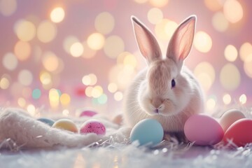 Happy Easter Eggs Basket peaceful. Bunny in flower easter lavender decoration Garden. Cute hare 3d Renewal easter rabbit spring illustration. Holy week easter poppy card wallpaper happy
