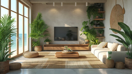 A living room in a house with a couch, television, and lots of windows overlooking a grassy lawn. The hardwood flooring adds warmth to the space.