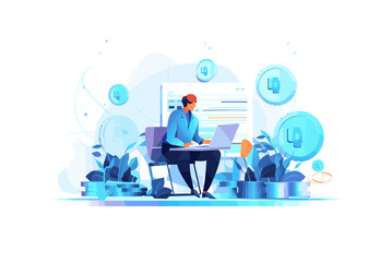 Naklejka premium Worker man at laptop. Vector illustration