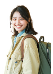 Portrait of a young Asian woman student standing confidently with a backpack, symbolizing the concept of college, teenager, and university education