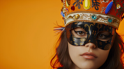  A girl in incognito mode at a Winter New Year party, wearing a mask and crown against an orange background