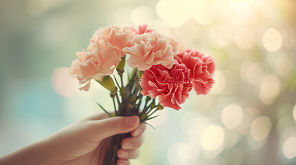 A graceful hand holding a bouquet of beautiful carnations against a soft and light background