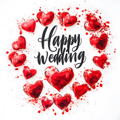 Happy wedding greeting card design with hearts around.