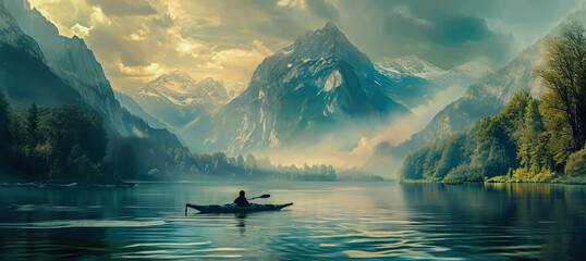 Mountain Rafting: Kayakers Overcome Stormy Waters Under the Clouds.  - obrazy, fototapety, plakaty