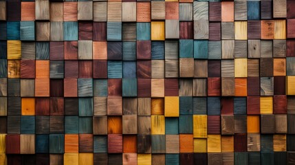 Abstract aged wood art: colorful texture block stack on wall - architectural background