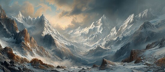An art depicting a natural landscape of a snowy mountain range with a cloudy sky, showcasing the geological phenomenon of cumulus clouds and the horizon. - obrazy, fototapety, plakaty