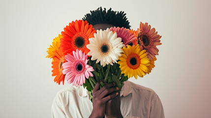 A man in a crisp shirt covers his face with a bouquet of vibrant flowers isolated on a white background,