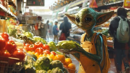 The smiling green alien in the grocery store chooses healthy vegetables. Strangers among us.
