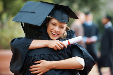 Friends, hug and graduation with celebration, smile and achievement with knowledge and success....