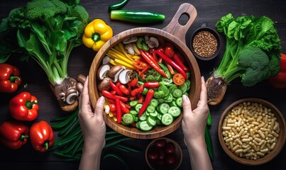 Vegetarian stir fry cooking preparation. Women female hands holding little wok pot with chopped vegetables for stir fry on kitchen table background with vegetables ingredients, top view