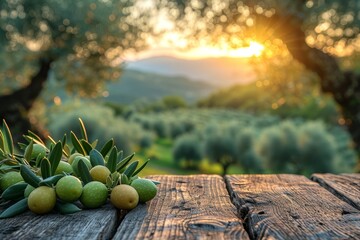 still life with green olives on a table in an olive grove - Powered by Adobe