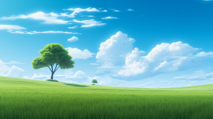 Green field and tree sky blue