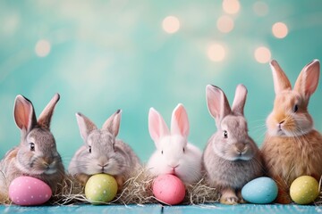 Happy Easter Eggs Basket rain showers. Bunny in flower easter Garden decoration Garden. Cute hare 3d simile easter rabbit spring illustration. Holy week rose sorbet card wallpaper irise