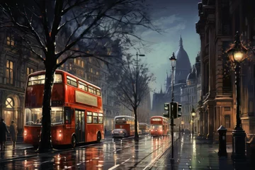 Fototapete Londoner roter Bus Mysterious Night london street. Europe night. Generate Ai