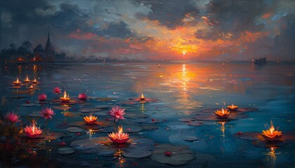 Floating Lily Pads: A Serene Sunset Experience Generative AI