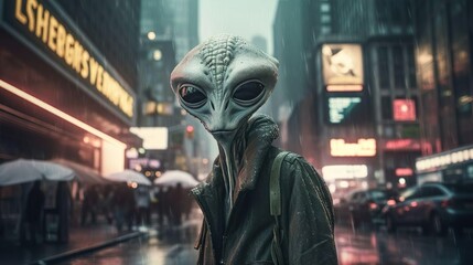 Spooky creepy green alien in human clothes on a city street. The invader spy stranger among us.