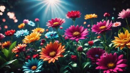 Fototapeta na wymiar Flowers in the garden, Flowers on a black background, colorful flowers,s and a lens flare, colorful flower background, 