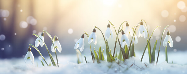 White snowdrop flowers blooming in snow in the soft morning light, generated by ai