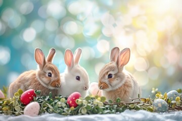 Happy Easter Eggs Basket Banana. Bunny in flower easter medley decoration Garden. Cute hare 3d easter rose easter rabbit spring illustration. Holy week muted card wallpaper render layer