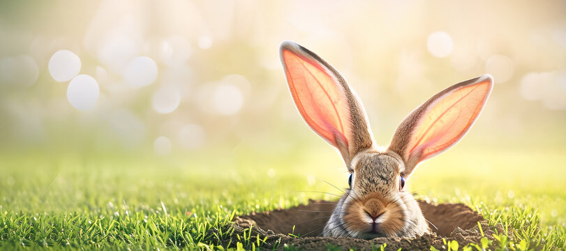 Eared rabbit looks out from hole in ground. Easter bunny sits in dug hole surrounded by juicy spring grass on blurred background with bokeh effect