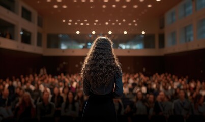 Backview of female brunette long curly hair motivational speaker in front of her conference meeting audience in big hall - obrazy, fototapety, plakaty