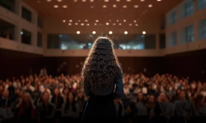 Foto op Plexiglas Backview of female brunette long curly hair motivational speaker in front of her conference meeting audience in big hall © Wendy2001