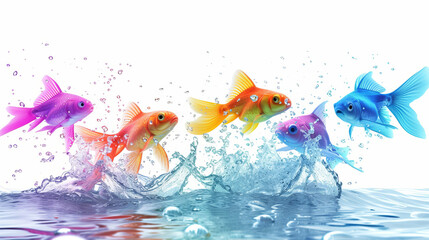 multicolored fishes in splashing water on white background