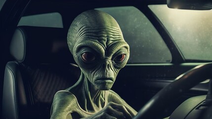 Fototapeta premium The alien is driving a car through the streets of the city. Green strangers among us. Taxi driver in the future.