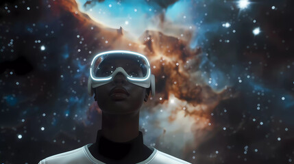 Black women wearing vr glasses exploring in virtual reality with universe background.