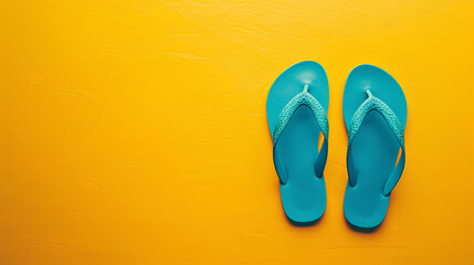 Blue flip-flops on a yellow background - obrazy, fototapety, plakaty