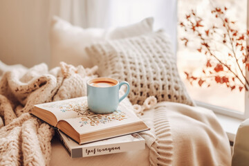 
Hygge style bright interior with books and a cup of coffee. Cozy homely atmosphere

