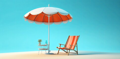 with beach umbrella and chair on a light blue background