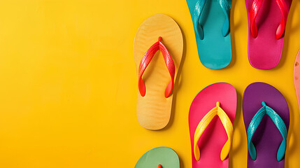 Colorful and stylish flip-flops meticulously arranged on a vibrant yellow background