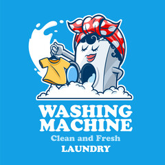 Laundress washing machine mascot cartoon washes t-shirt design for laundry
​