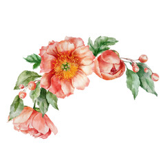 Watercolor abstract flower bouquet of peonies, berries, leaves and buds. Hand painted floral card of wildflowers isolated on white background. Holiday Illustration for design, print or background. - 732383220