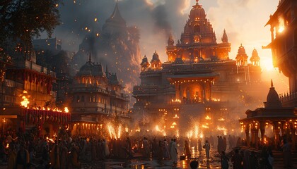 Glowing Fireworks Illuminate Ancient Temple During Diwali Celebration Generative AI - obrazy, fototapety, plakaty