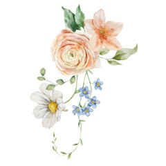 Watercolor bouquet of ranunculus, chamomile and leaves. Hand painted card of floral elements isolated on white background. Holiday flowers Illustration for design, print, fabric, background. - 732383419