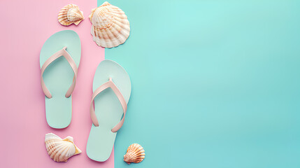 Flat lay composition with flip flops and seashell on a colored background, Copy space for your text - obrazy, fototapety, plakaty