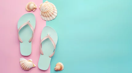 Fotobehang Flat lay composition with flip flops and seashell on a colored background, Copy space for your text © mizan