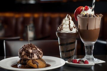 A delicious chocolate shake and chocolate cookie parfait drink in a luxurious cafe with a great atmosphere. generative ai