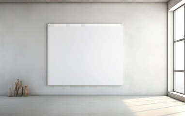 Minimalistic style art studio space mockup. Huge white framed blank art canvas on large wall in minimal room. Soft day light. Gallery, exhibition, exposure. AI Generative.