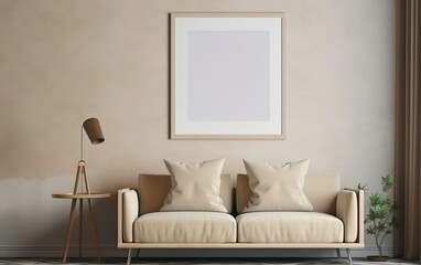Mock up poster frame in modern beige home interior. Minimalistic natural style. Toned colors. AI Generative.