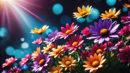 Flowers in the garden, Flowers on a black background, colorful flowers,s and a lens flare, colorful flower background, 