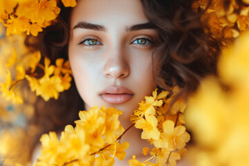 Naklejka premium girl with freckles, yellow makeup. Face model with yellow makeup. Beauty tips for girls, in the style of serene faces, yellow makeup, subtlety