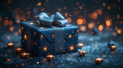 Glowing Blue Present with Sparkling Stars: A Perfect Gift for the Month of Love Generative AI - obrazy, fototapety, plakaty