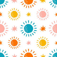 Seamless pattern with colorful sun and stars